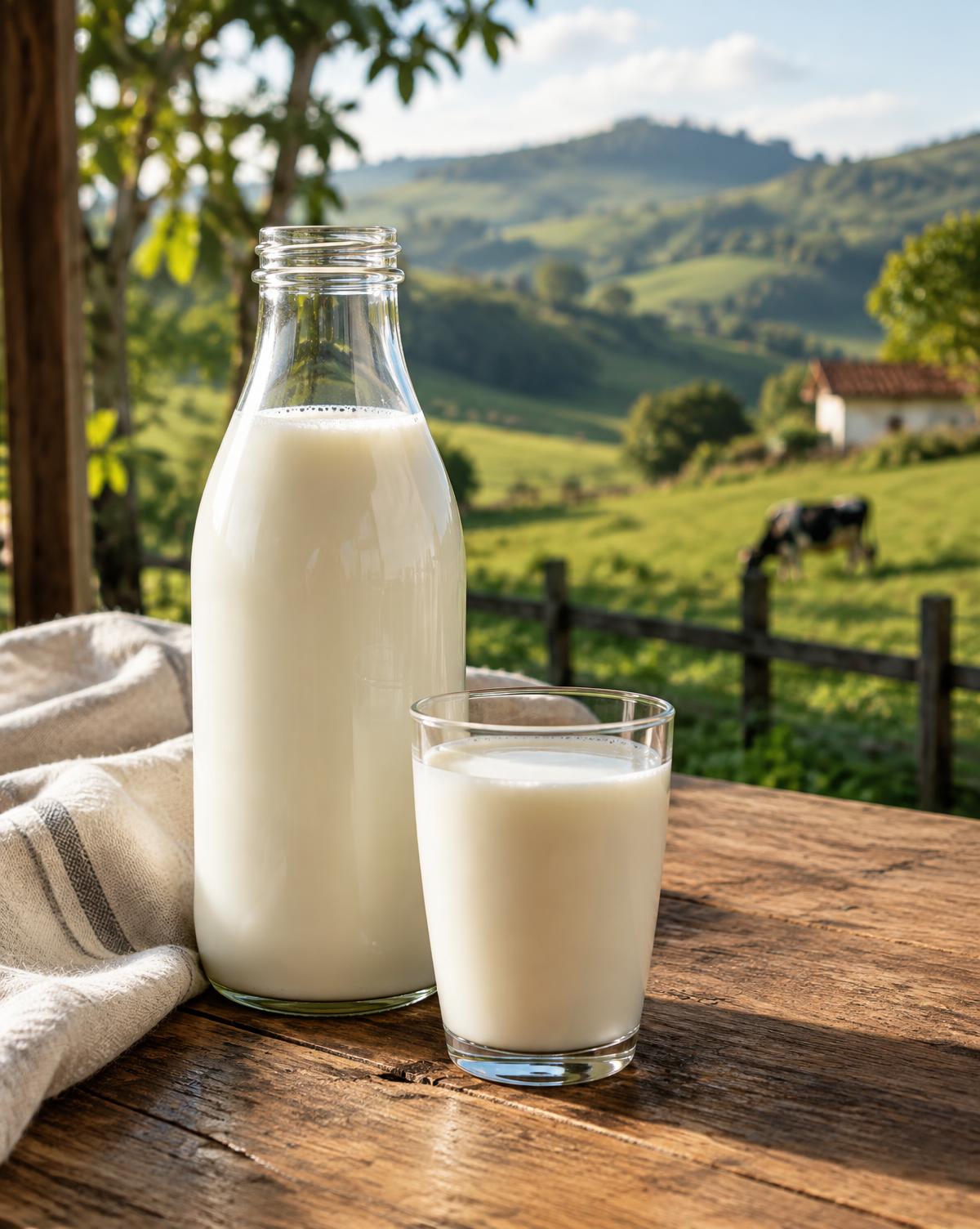 Garrafa e copo com leite fresco em mesa de madeira diante de uma paisagem rural